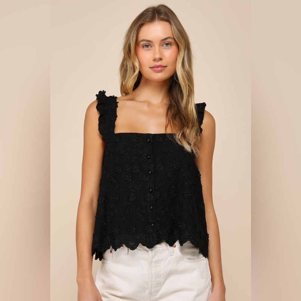 Lulu’s Cutest Weekend Black 3D Floral Embroidered Tie-Back Tank Top